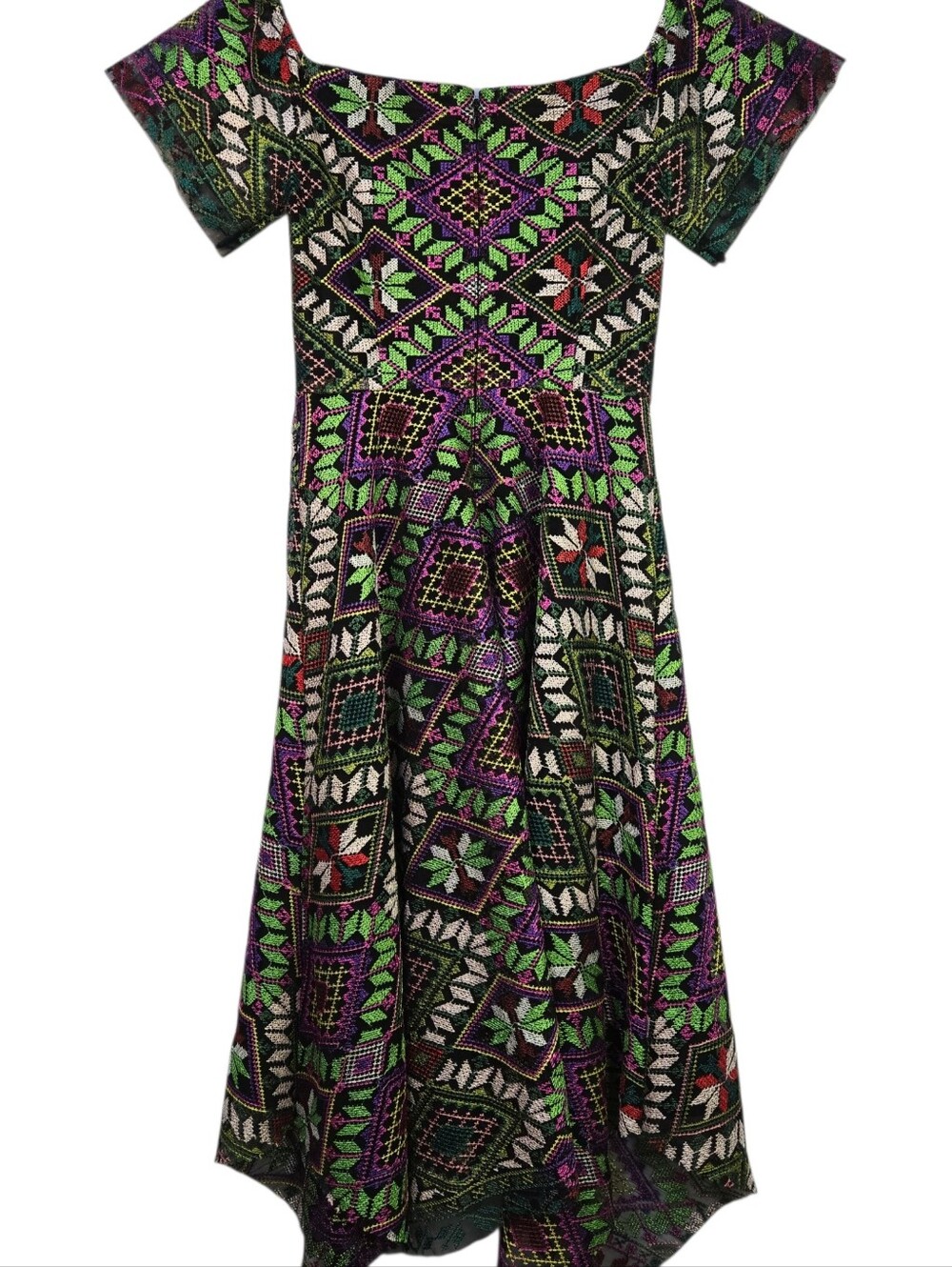 Alex Marie Sz 2 Elegant Black Dress Multicolor Geometric Design  Hankerchief Hem - Picture 6 of 12